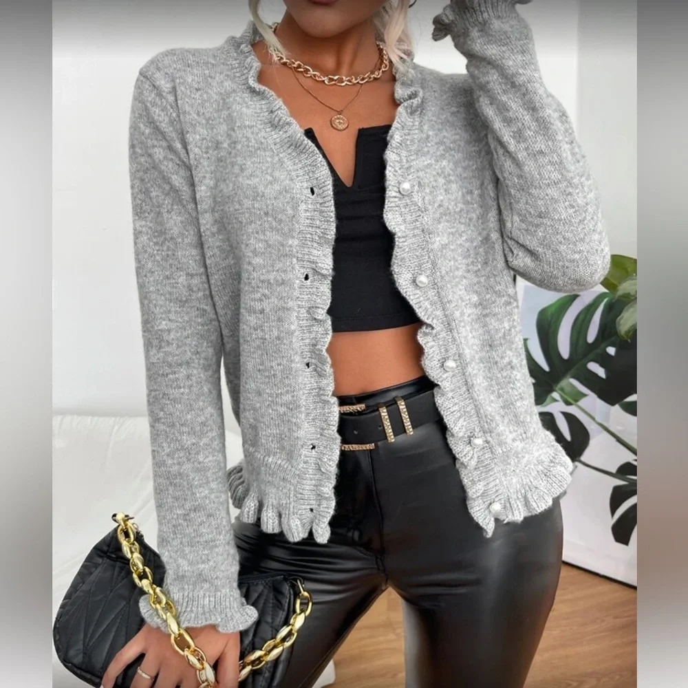 Gray Ruffled Button-Up Sweater - Picture 4 of 5